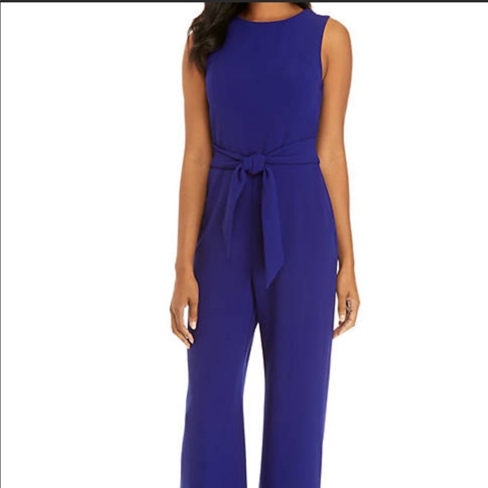 VINCE CAMUTO V-NECK TIE-WAIST WIDE LEG JUMPSUIT - COBALT BLUE SIZE 8